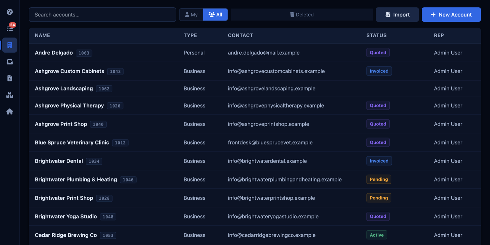 The Accounts screen: businesses with their contact, status, and rep