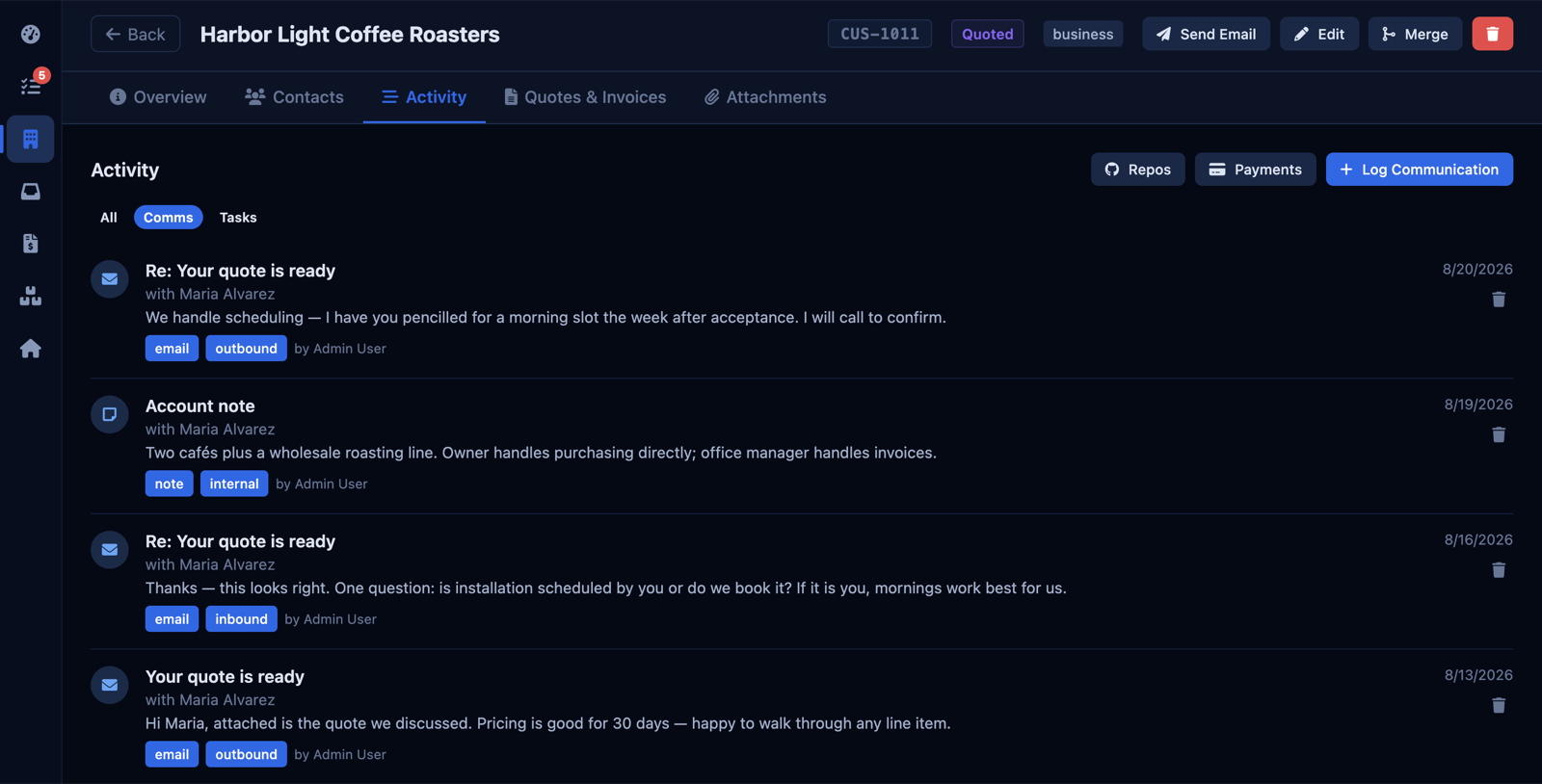 A customer's activity history: logged emails, an internal note, and a call, each dated and tagged