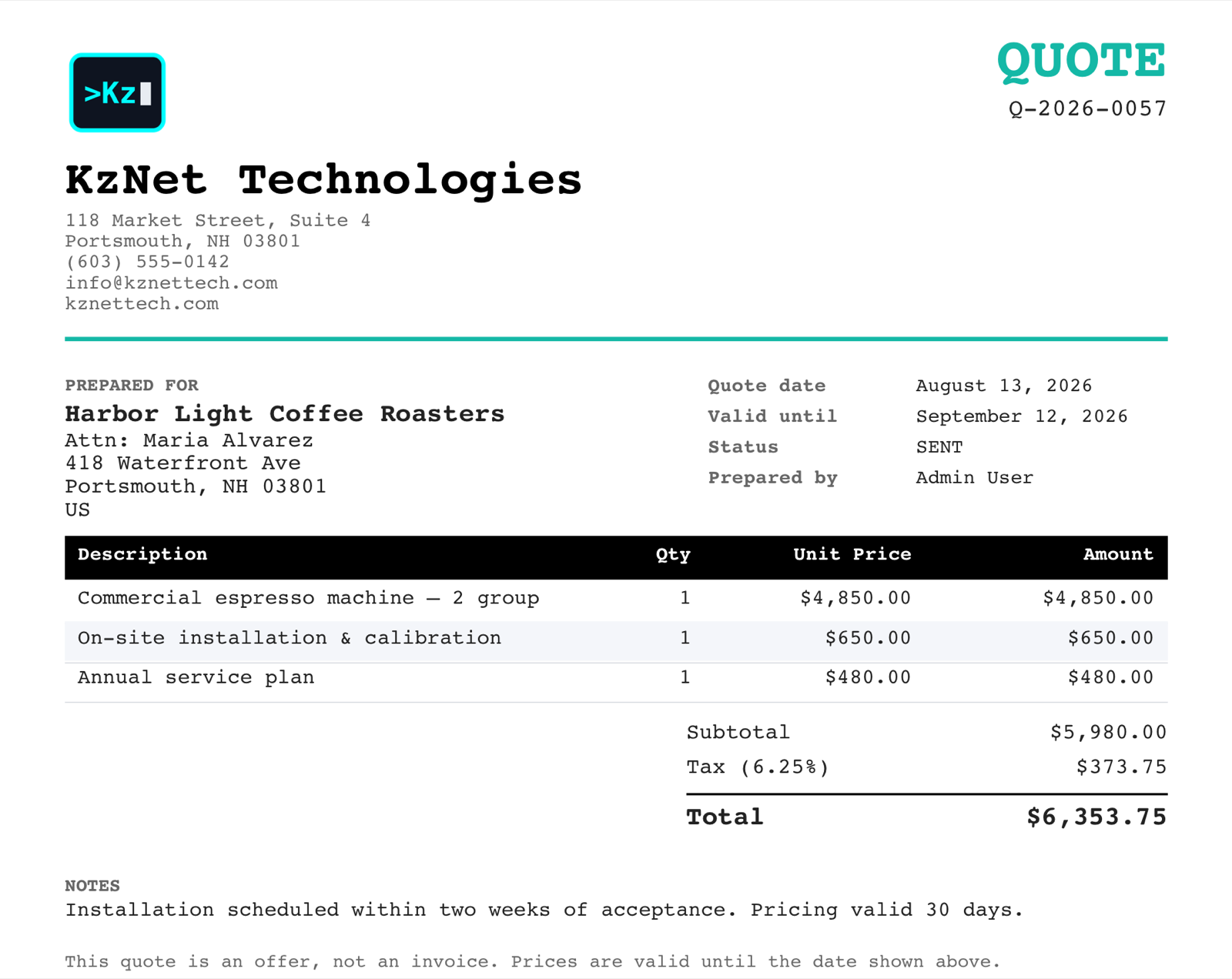 A quote on the company's letterhead: line items, tax, total, and validity date