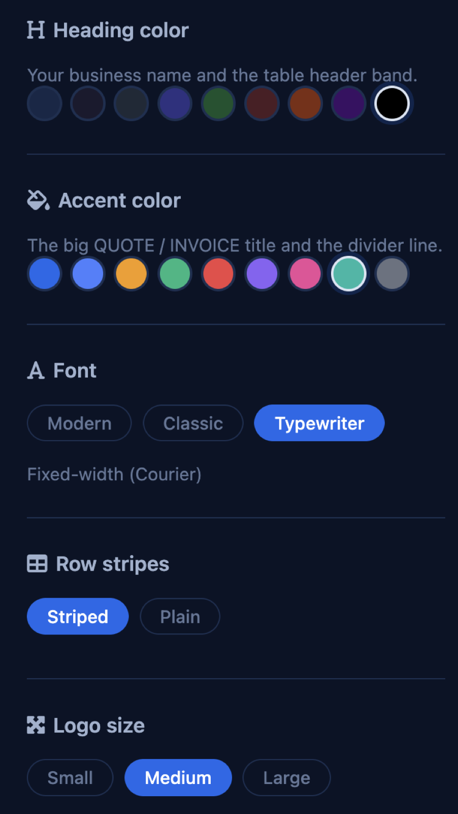 Document style settings: heading color, accent color, font, row stripes, logo size