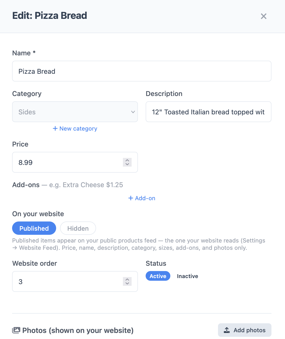 Editing a menu item: name, category, description, price, add-ons, and the Published switch