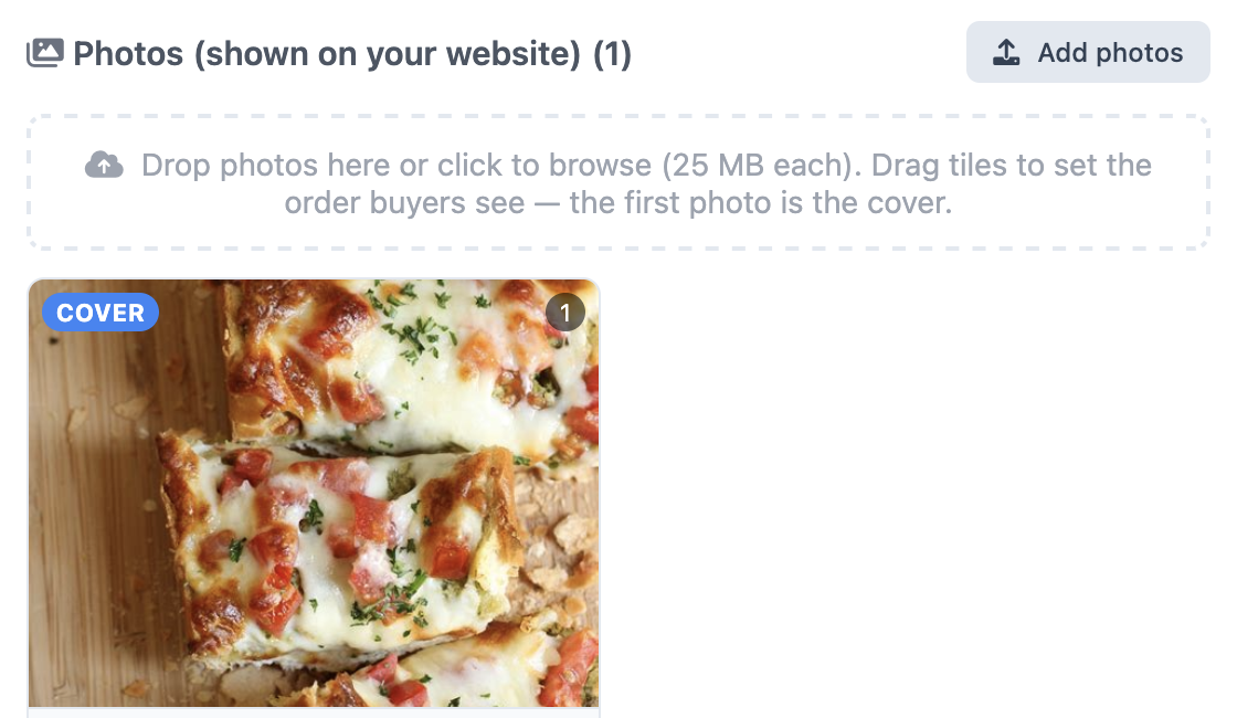 Photos section: drop zone and a cover photo tile on the item