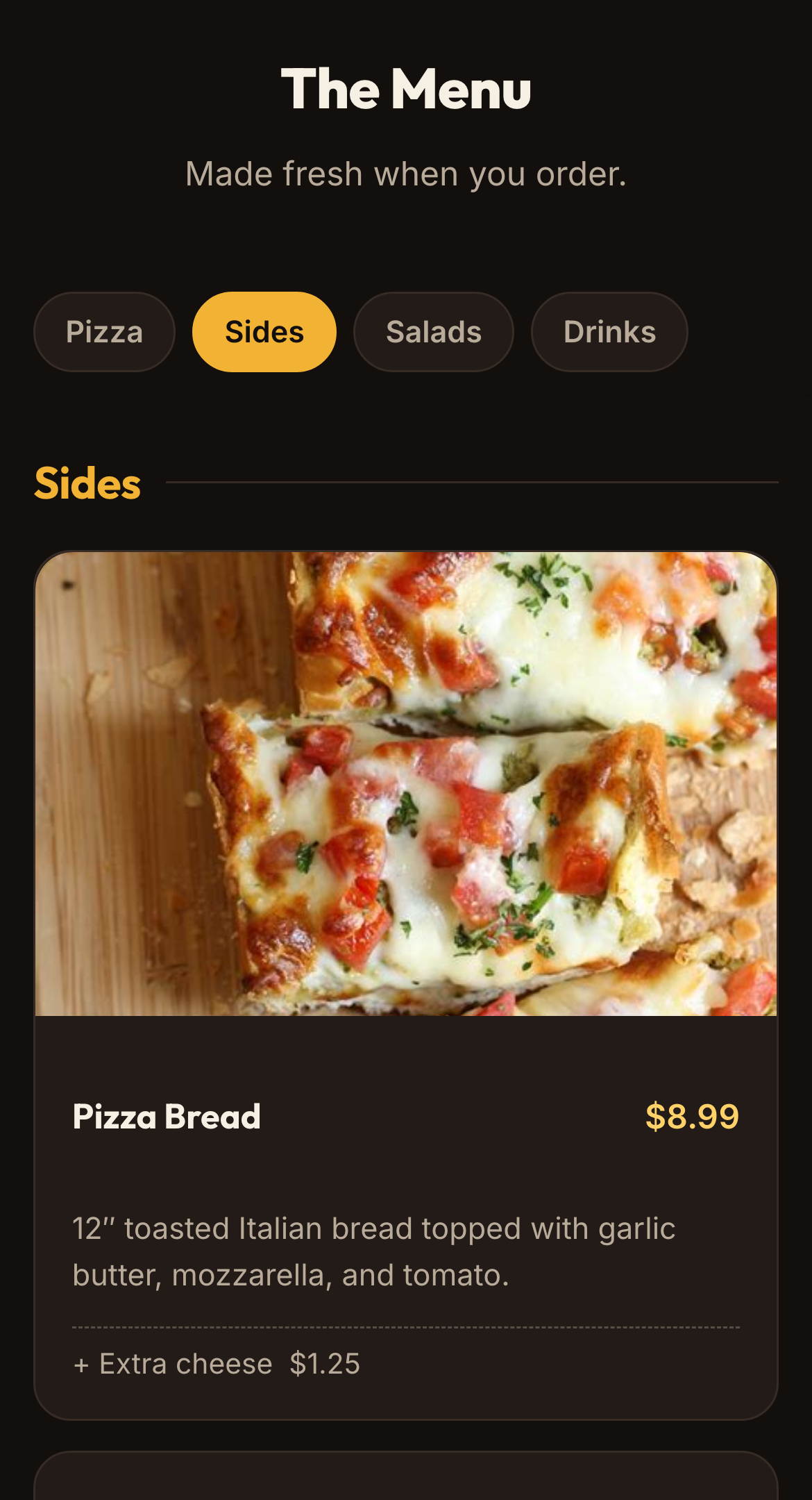 The menu on a phone: Pizza Bread with its photo, price, description, and add-on